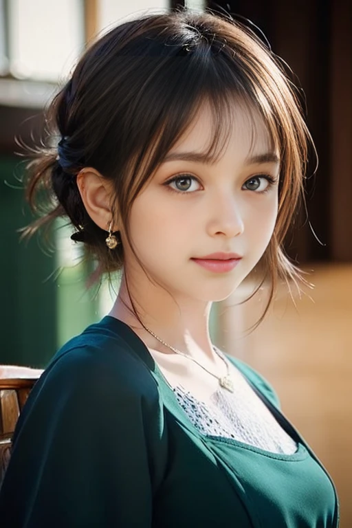 A beautiful 18 year old woman, (Brie Larson:Florence Pugh:0.5), 1girl, close-up, high detail face, head and neck jewelry, ((short hair)), green eyes, orange hair, shy smile, freckles, redhead, beautiful girl, , detailed, 8k, HDR, shallow depth of field, wide light, high contrast, backlight, light flares, chromatic aberration, sharp focus, RAW color photo, looking at the camera, various poses, green formal dress,