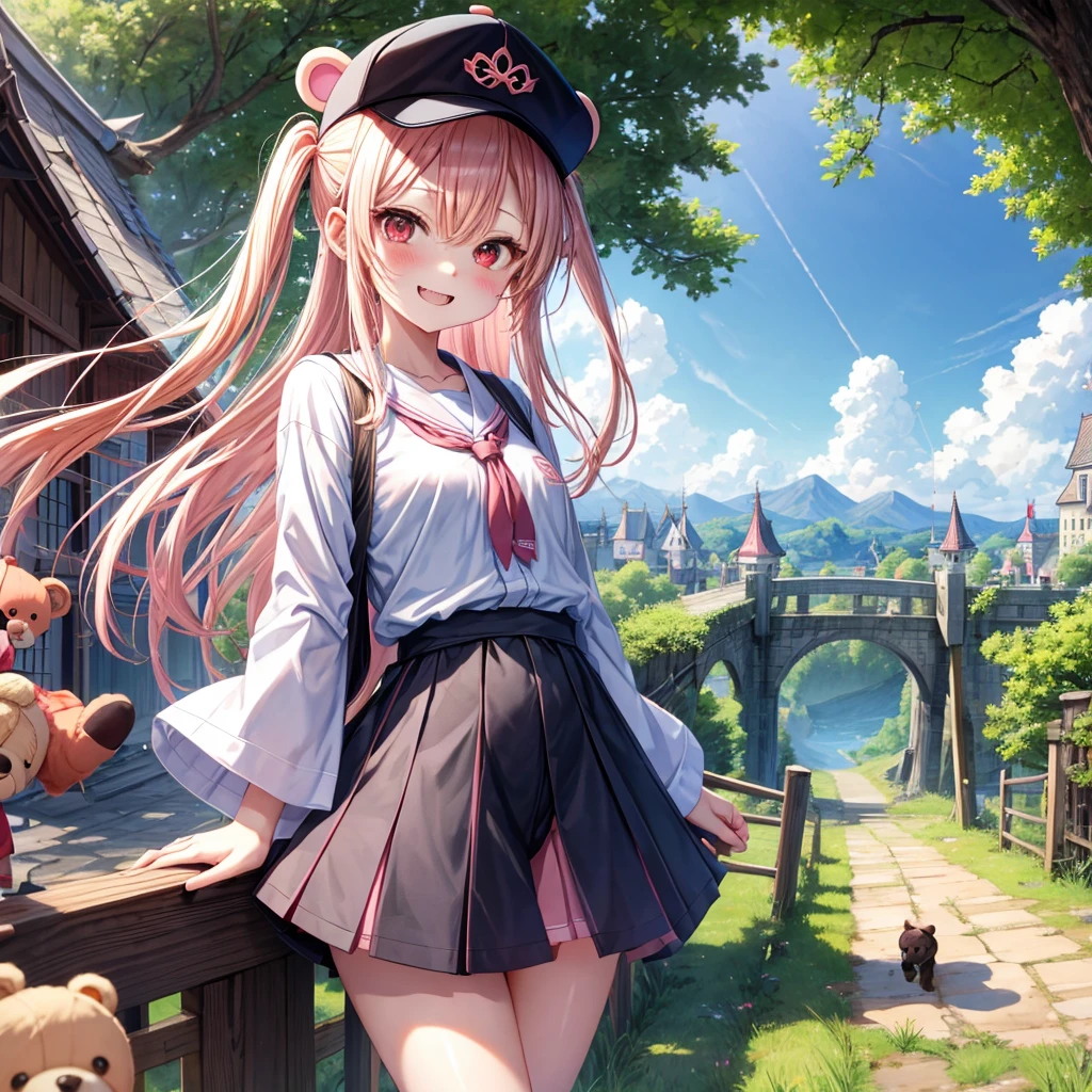 Pink Blonde、Red eyes、Hair 、Two cute、Checked mini skirt、black t-shirts、cardigan、Knee-high socks、bear ears baseball cap、Teeth are visible、Monster Castle、Tilting face、crossing the bridge、hazakura、windmill、grass、Stones are growing out of the ground.、impregnable、A teddy bear is walking、Morning glory is blooming.