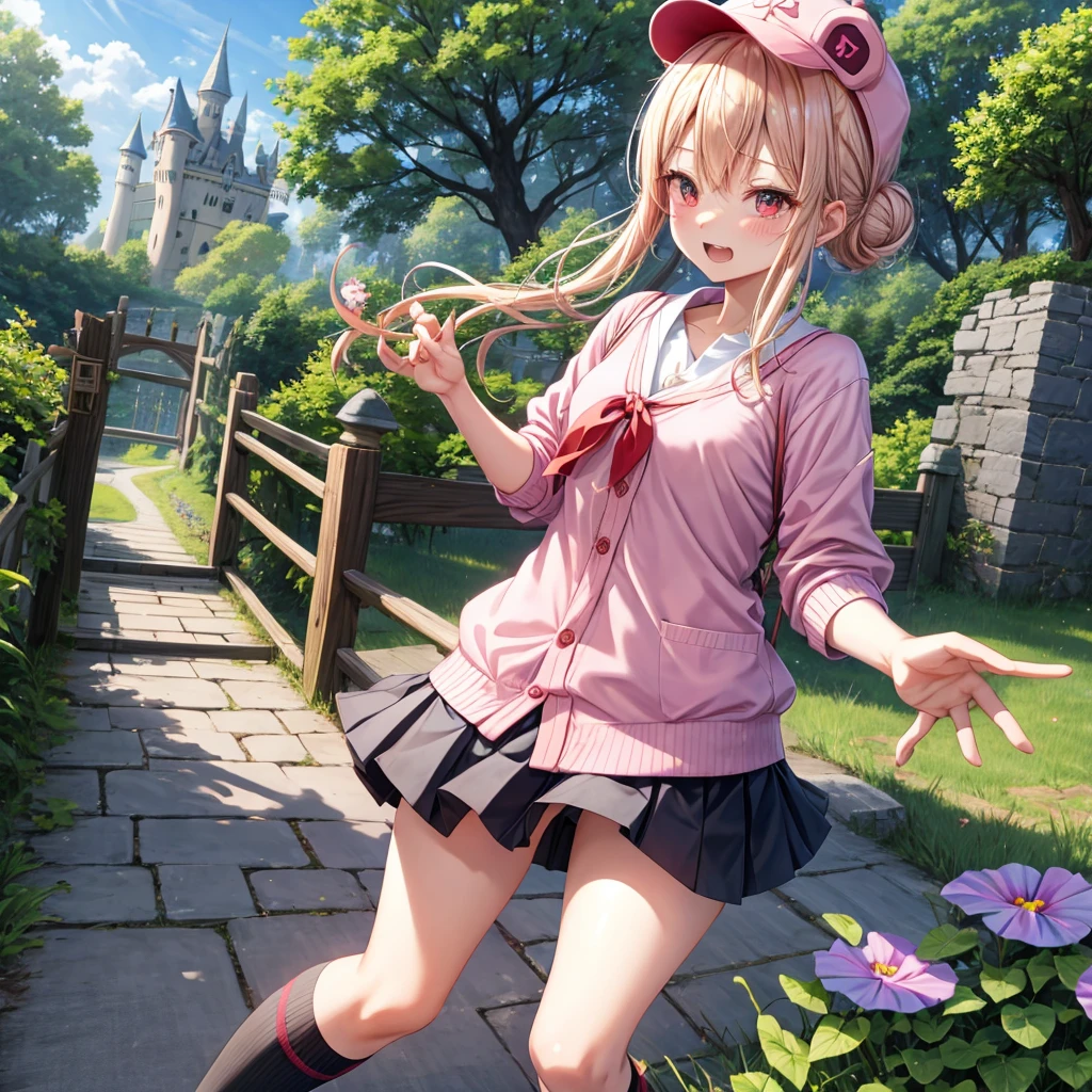 Pink Blonde、Red eyes、Hair tied up、Two cute、Checked mini skirt、black t-shirts、cardigan、Knee-high socks、bear ears baseball cap、Teeth are visible、Monster Castle、Tilting face、crossing the bridge、hazakura、windmill、grass、Stones are growing out of the ground.、impregnable、A teddy bear is walking、Morning glory is blooming.