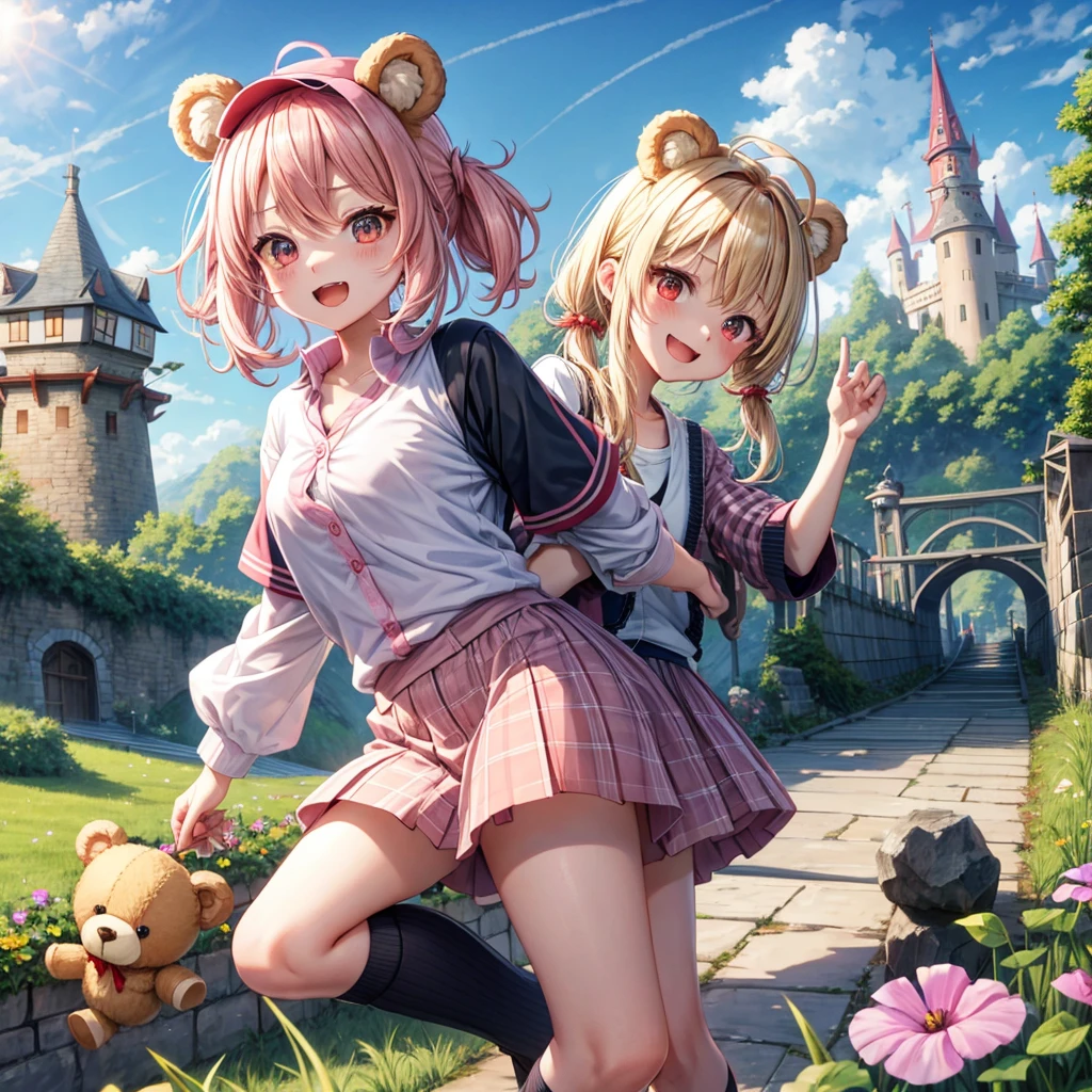 Pink Blonde、Red eyes、Hair tied up、Two cute、Checked mini skirt、black t-shirts、cardigan、Knee-high socks、bear ears baseball cap、Teeth are visible、Monster Castle、Tilting face、crossing the bridge、hazakura、windmill、grass、Stones are growing out of the ground.、impregnable、A teddy bear is walking、Morning glory is blooming.