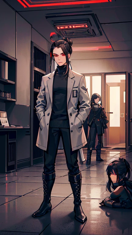 (detailed), (((normal guy))), (Arabic characteristics), ((gray wool jacket)), ((pelo negro rizado Ponytail hairstyle)), ((Ponytail hairstyle)), (calm face), ((by the width)), ((coffee boots)), (((whole body))), ((in a cyberpunk room)), ((male)), (gray turtleneck sweater), ((only one person)), (at night), terror, ((eyes glowing red)), In the dark