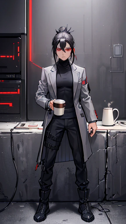 (detailed), (((normal guy))), (Arabic characteristics), ((gray wool jacket)), ((pelo negro rizado Ponytail hairstyle)), ((Ponytail hairstyle)), (calm face), ((by the width)), ((coffee boots)), (((whole body))), ((in a cyberpunk room)), ((male)), (gray turtleneck sweater), ((only one person)), (at night), terror, ((eyes glowing red)), In the dark