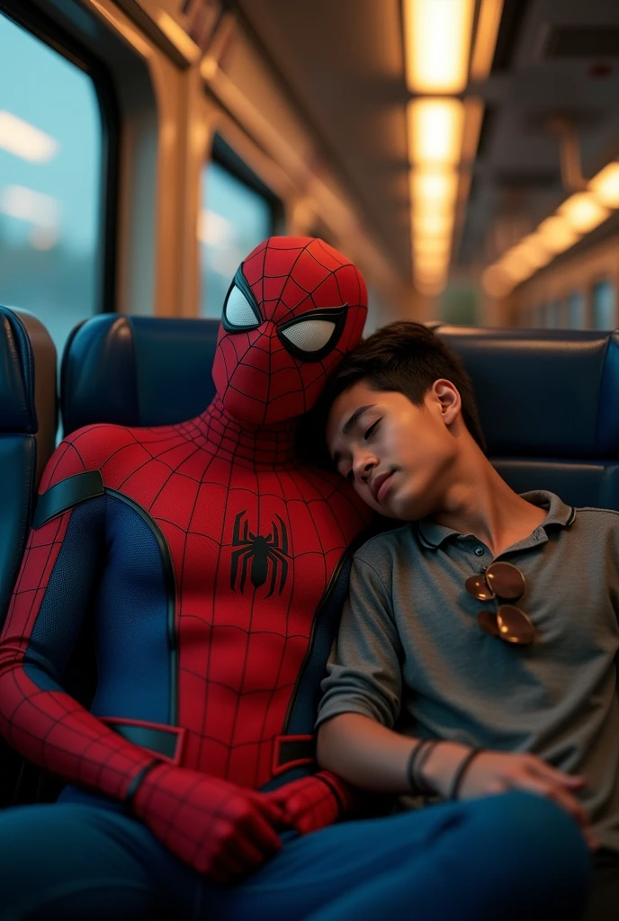 create a realistic image, HDRI, obscura effect, soft filter, bokeh effect, underexposure, spiderman (front view) is sitting in an economy class train to Jogja Indonesia to vacation, next to him a Javanese young man, fast asleep leaning on spiderman's body and the young man's head leaning on spiderman's shoulder, the young man sleeping with his mouth open. make it dramatic.