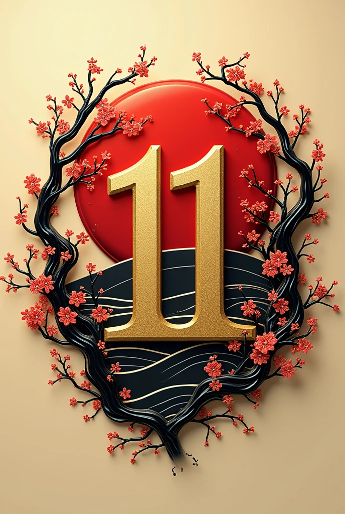 A logo with the word 11even, with golden color tones, red, black and white, In addition to having, certain Japanese Asian touches 