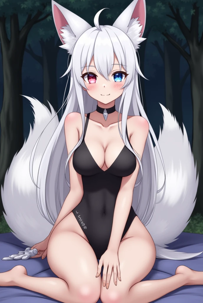 [Two Fox Girl, Sexy Body, Blue and Red eyes, Black Swimsuit, Romantic, Slight Smile, White Hair, Two Horns, Female Long Hair, Female Big Fox Ears, Female White Big Fox Tail, velu female, Skinny, cute, Perfect Boobs, Woman Big Breast, Adult, Tall, Cute Girl, Naked, Blushing, Female Happy, White Furr Collar, Abs, In Forest, Night, Sit On Bed, Cute, Blushing, White Hand Paws, White Feet Paws, White Skin Arms, White Skin Legs]