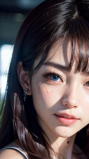 absurdres, 1girl,medium breast, star eye, blush, (realistic:1.5), (masterpiece, Extremely detailed CG unity 8k wallpaper, best quality, highres:1.2), (ultra_detailed, UHD:1.2), (pixiv:1.3), perfect illumination, distinct, (1girl:1.4), (bishoujo:1.2), looking at viewer, unreal engine, sidelighting, perfect face, detailed face, bangs, perfect body, beautiful eyes, pretty face, (bright skin:1.4), idol, (abs), ulzzang-6500-v1.1, (navel), ruins, dark place, night, dark aura, (close-up:1.1), selfie, (blood on face:1.4), (evil smile:1.1)