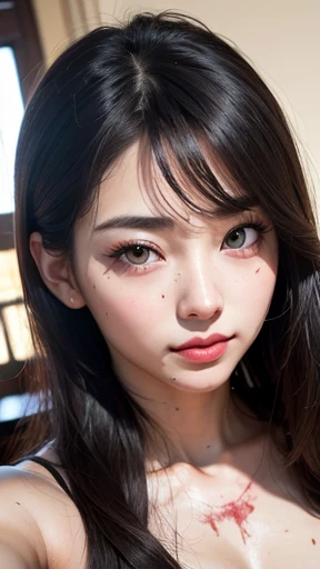 absurdres, 1girl,medium breast, star eye, blush, (realistic:1.5), (masterpiece, Extremely detailed CG unity 8k wallpaper, best quality, highres:1.2), (ultra_detailed, UHD:1.2), (pixiv:1.3), perfect illumination, distinct, (1girl:1.4), (bishoujo:1.2), looking at viewer, unreal engine, sidelighting, perfect face, detailed face, bangs, perfect body, beautiful eyes, pretty face, (bright skin:1.4), idol, (abs), ulzzang-6500-v1.1, (navel), ruins, dark place, night, dark aura, (close-up:1.1), selfie, (blood on face:1.4), (evil smile:1.1)