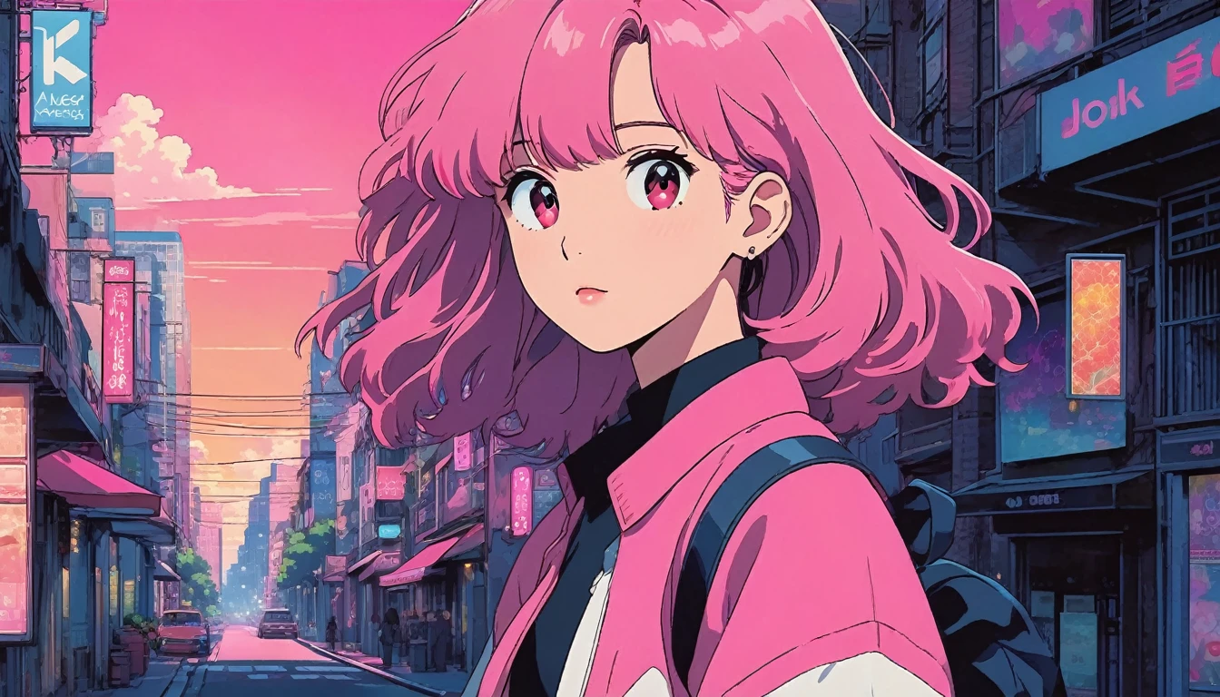 alone, lofi artstyle, lofi art, city, town, 80s anime style, Retro, Lo-Fi, masterpiece, best quality, (extremely detailed CG unity 8k wallpaper), (best quality), (best illustration), (best shadow), absurdres, realistic lighting, (Abyss), beautiful detailed glow, 1girl, long hair, looking at viewer, bangs, multiple girls, red eyes, long sleeves, pink hair, outdoors, solo focus, pink eyes