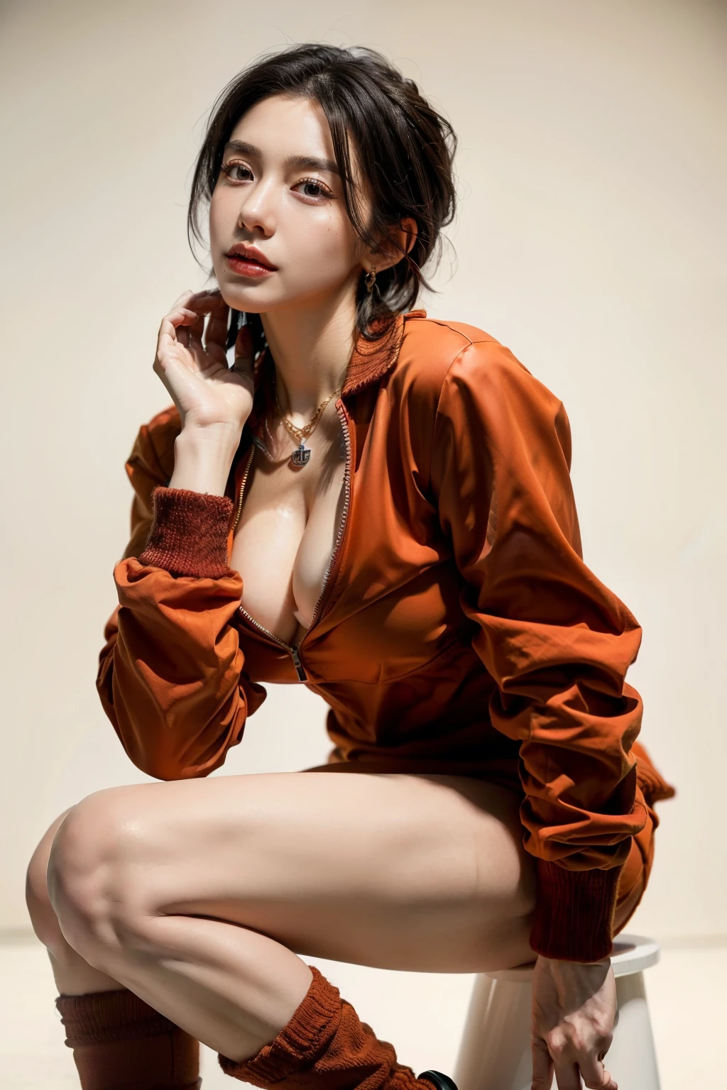 (RAW shooting, Photoreal:1.5, 8k, highest quality, masterpiece, ultra high resolution), perfect dynamic composition:1.2, Highly detailed skin and facial textures:1.2,beautiful and aesthetic:1.2, full body, sneakers, Fair skin, (large breast:1.4, Chest gap:1.4),(ayuhara natsu,earrings,necklace,1girl, tall, long legs, makeup, black hair, short hair,perfect thigh, tight short shorts,tight red jacket,bandages,knee pads),(simple background:1),