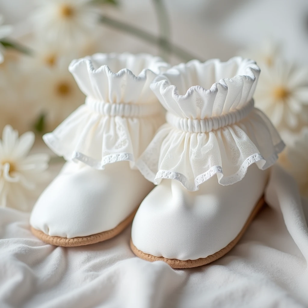 Booties, on the iris flower , transparent nylon curtains for newborns,white, many transparent lace , air beautiful lace, transparent ruffles, Shuttlecocks,, Permission, photo realistic, 8k, depth of field