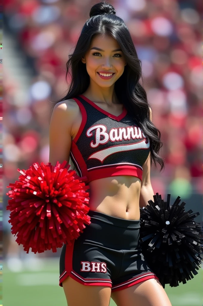 A slim thick beautiful women with cutely black hair with a half up half down hairstyle with red cheer boy with a long sleeve red black an white cheer uniform with the word banning on it made of gemstones in black with a red black an white short tight skirt with small letters BHS on the bottom right of the skirt an red an on the right hand a red Pom Pom an the left a black Pom Pom