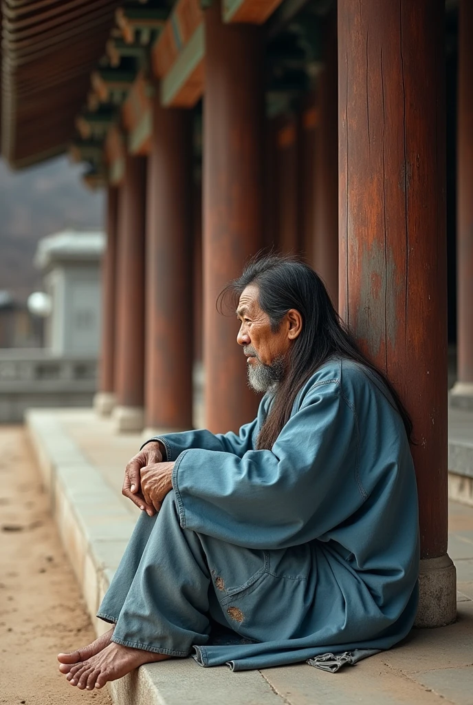 A homeless man, long hair, wearing a blue traditional Korean clothing, kumel, dirty, dekil, butek, dusty, sitting leaning against a temple pillar
