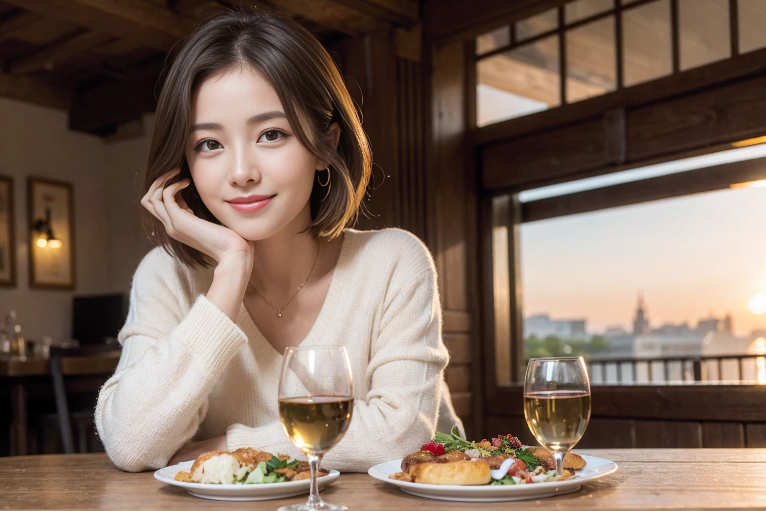 (Realistic:1.1),(masterpiece,Highest quality),8k,(49 years old), 53 years old, ベリーslimボディ、slimカップル、Tight waist,Upper Body,full-course dinner、wine 、Amazing view of the sunset sky and clouds、Perfect Anatomy, Brown Hair, short hair,Random Hairstyles,((Highly detailed face and eyes:1.2)),Perfect golden ratio face,Long sleeve shirt、dress,(smile:1.2)、Shortcuts、cute、(Realistic, Intricate details:1.2), A bright smile、short hair,Bright Face、赤wine 、Appetizers、Italian food、wine bottle、Champagne、スパークリングwine、(slimな顔), (The body is slim), (Brown Hair), (Shortcuts), Upper Body, 白wine, slim, wineグラス,