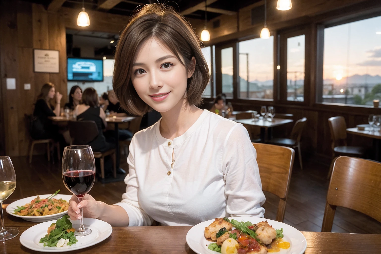 （Realistic:1.1）,(masterpiece,Highest quality)，8k,(49 years old), 53 years old, ベリーslimボディ、slimカップル、Tight waist,Upper Body,full-course dinner、wine 、Amazing view of the sunset sky and clouds、Perfect ???????, Brown Hair, short hair,Random Hairstyles,((Highly detailed face and eyes:1.2))，Perfect golden ratio face，Long sleeve shirt、dress,(smile:1.2)、Shortcuts、cute、(Realistic, Intricate details:1.2), A bright smile、short hair,Bright Face、赤wine 、Appetizers、Italian food、wine bottle、Champagne、スパークリングwine、(slimな顔), (The body is slim), (Brown Hair), (Shortcuts),  Upper Body, 白wine, slim, wineグラス, 