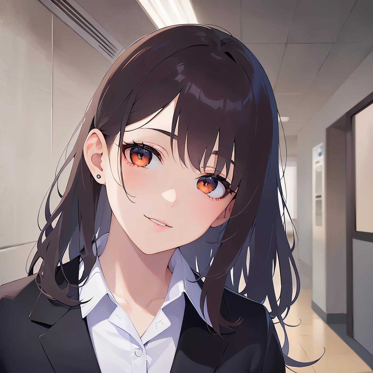 (looking at viewer:1.5)Upper Body, head tilt,Hands on the ears、
Realistic, real person, (pale skin: 1.2), RAW photo, photorealistic, shiny skin, shiny hair、(A 25-year-old woman with medium-length hair and bangs) and (wavy hair) and (brown hair) and (orange eyes) ,
(Wearing a business suit:1.5) and (Wearing a white collared shirt)、
smile, The background is an office hallway、Alone、Are standing、