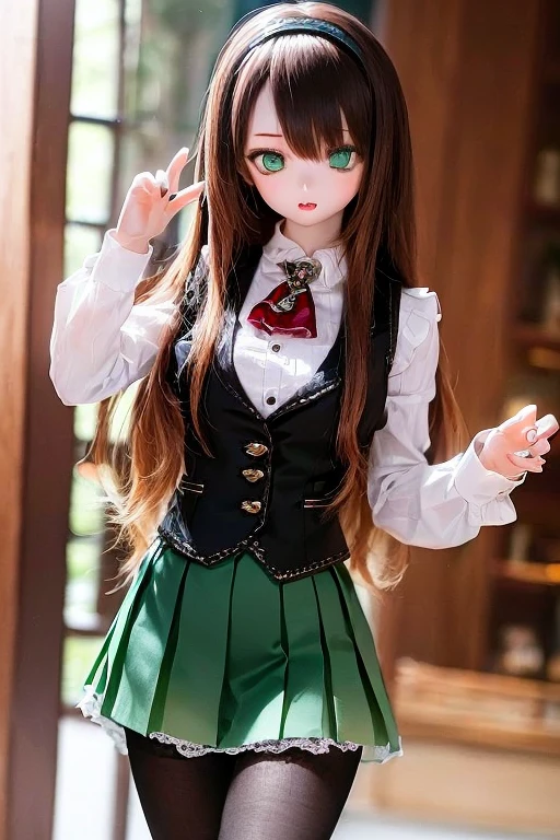 (SFW:2), photorealistic, realistic photo, 8k, ((highest quality)), ((masterpiece)), (extremely detailed), kukolnydom, doll, (mature woman, 21yo, 21 years old, solo:1.6), ((cowboy shot, stylish pose, slim, slender, skinny, medium breasts, hairband, ascot, vest, dress shirt, long puff sleeves, pleated skirt, black pantyhose)), (parted lips, green eyes, brown hair, long hair, plastic skin, looking at another, glass eyes, gradient eyes, shining eyes, detailed eyes:1.3)