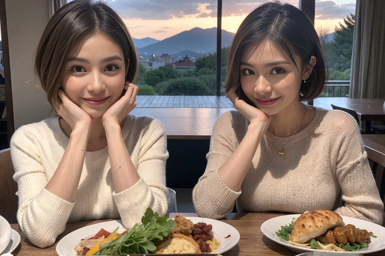 （Realistic:1.1）,(masterpiece,Highest quality)，8k,(49 years old), 53 years old, ベリーslimボディ、slimカップル、Tight waist,Upper Body,full-course dinner、wine 、Amazing view of the sunset sky and clouds、Perfect Anatomy, Brown Hair, short hair,Random Hairstyles,((Highly detailed face and eyes:1.2))，Perfect golden ratio face，Long sleeve shirt、dress,(smile:1.hortcuts、cute、(Realistic, Intricate details:1.2), A bright smile、short hair,Bright Face、赤wine 、Appetizers、Italian food、wine bottle、Champagne、スパークリングwine、(slimな顔), (The body is slim), (Brown Hair), (Shortcuts),  Upper Body, 白wine, slim, wineグラス, 
