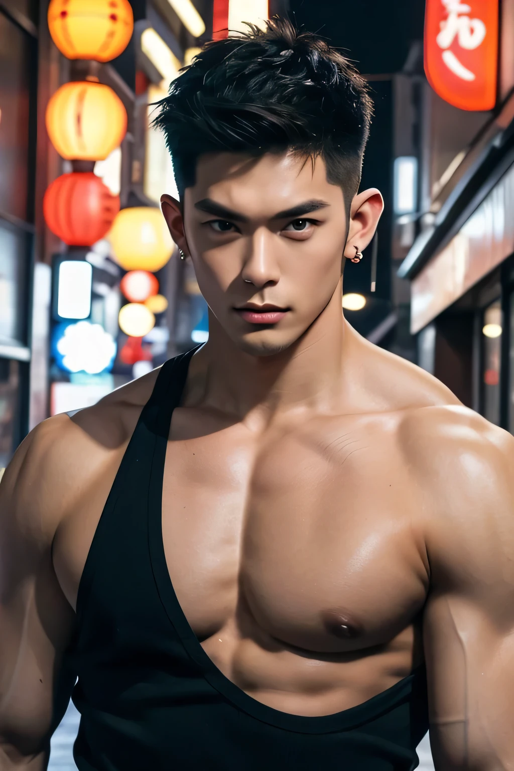 Japanese male male model, big muscles, handsome, cool, smoothly combed hair, pierced ears, wearing a loose tank top, holding a lollipop, portraiture, modeling, dynamic pose, Japanese street, late at night, store lights trade, full half body shot