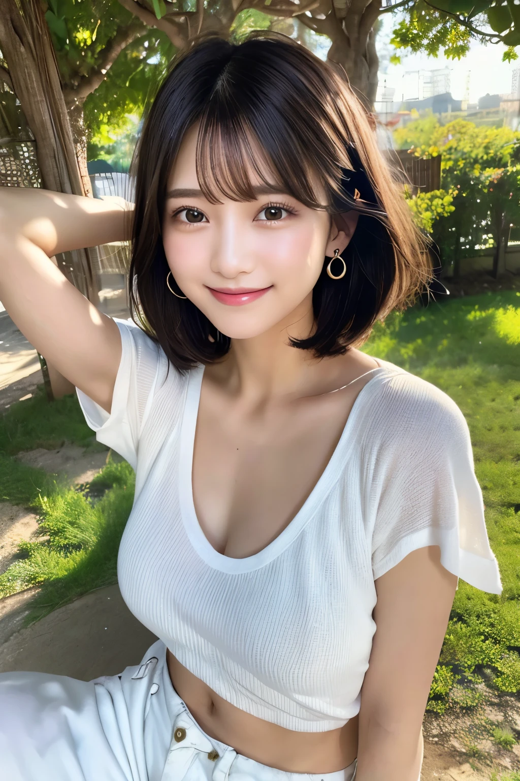 High resolution、Photorealistic、1 cool woman、24-years-old、Short black hair、Short Hair、Brown eyes、Tear bags、Small Nose、Mole on mouth、Smiling with teeth showing、Simple earrings、White T-shirt、Distressed denim pants、（Big ample breasts:1.4）、Delicate arms、Long legs、sitting on a park bench、sunny、Bright lighting