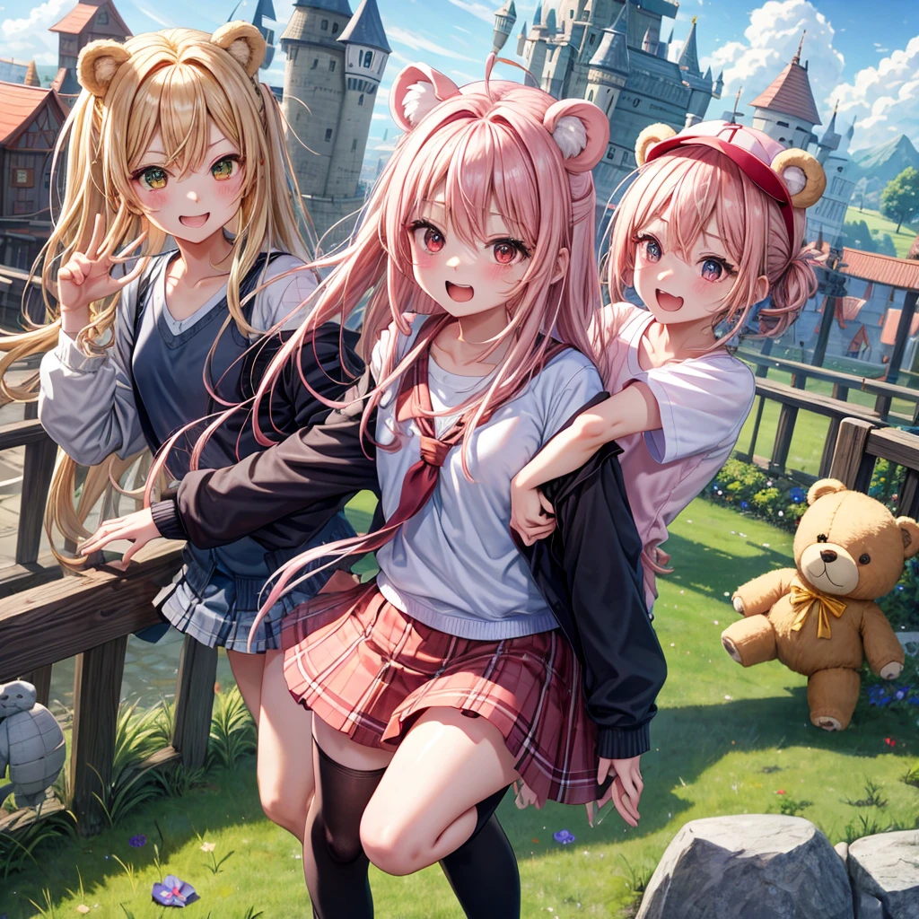 Pink Blonde、Red eyes、Hair tied up、Two cute、Checked mini skirt、black t-shirts、cardigan、Knee-high socks、bear ears baseball cap、Teeth are visible、Monster Castle、Tilting face、crossing the bridge、hazakura、windmill、grass、Stones are growing out of the ground.、impregnable、A teddy bear is walking、Morning glory is blooming.