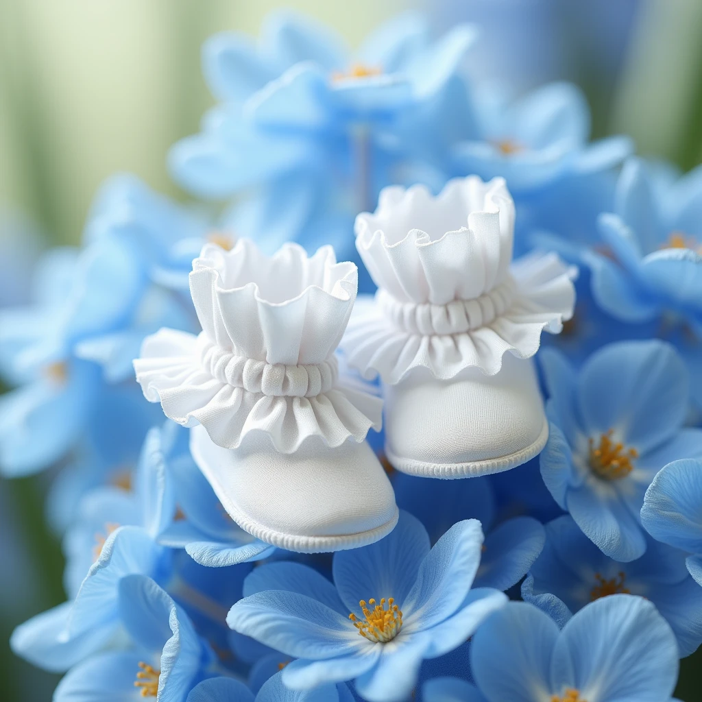 White booties, on a blue iris flower , for newborns white, many transparent lace , air beautiful lace, transparent ruffles, Shuttlecocks,, Permission, photo realistic, 8k, depth of field