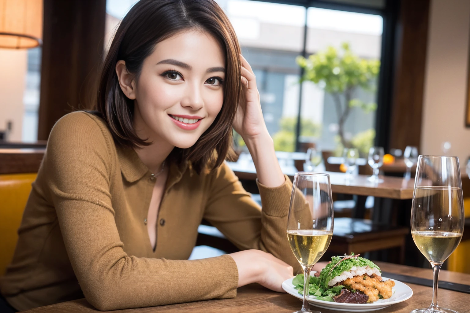 ((Highest quality、8k、masterpiece:1.3))、slimカップル、modelカップル、(Realistic, Intricate details:1.2), sashimi、Tempura、Japanese sake、Shochu 、Amazing view of the sunset sky and clouds、A bright smile、The wonderfulness of smile、Bright image、The beauty of wine, Beautiful Face, blue eyes, The light shines on your face, blush, short hair,Bright Face、 (Age 37), 39 years old, sparkling wine、Two beauties、Brown Hair、Shortcuts、Long sleeve shirt、dress、Beautiful woman 1, (slimな顔), (The body is slim), (Brown Hair), (Shortcuts), cheeks turn a little red,Attractive beauty、restaurant, In a prominent place (From the waist up) Nova Frog Style, actress, model, Upper Body, White wine, slim, smile, (smile: 1.15), Beautiful fine grain, Depth f/2,saturation, High Contrast, Strong light and shadow,Moist Body:1.5、3D texture、Delicate eyes、Brown Hair、The hair is very shiny、