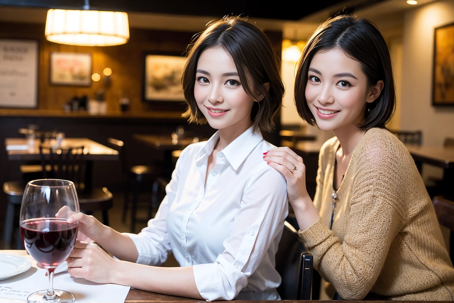 ((Highest quality、8k、masterpiece:1.3))、slimカップル、modelカップル、(Realistic, Intricate details:1.2), sashimi、Tempura、Japanese sake、Shochu 、Amazing view of the sunset sky and clouds、A bright smile、The wonderfulness of smile、Bright image、The beauty of wine, Beautiful Face, blue eyes, The light shines on your face, blush, short hair,Bright Face、 (Age 37), 39 years old, sparkling wine、Two beauties、Brown Hair、Shortcuts、Long sleeve shirt、dress、Beautiful woman 1, (slimな顔), (The body is slim), (Brown Hair), (Shortcuts), cheeks turn a little red,Attractive beauty、restaurant, In a prominent place (From the waist up) Nova Frog Style, actress, model, Upper Body, White wine, slim, smile, (smile: 1.15), Beautiful fine grain, Depth f/2,saturation, High Contrast, Strong light and shadow,Moist Body:1.5、3D texture、Delicate eyes、Brown Hair、The hair is very shiny、