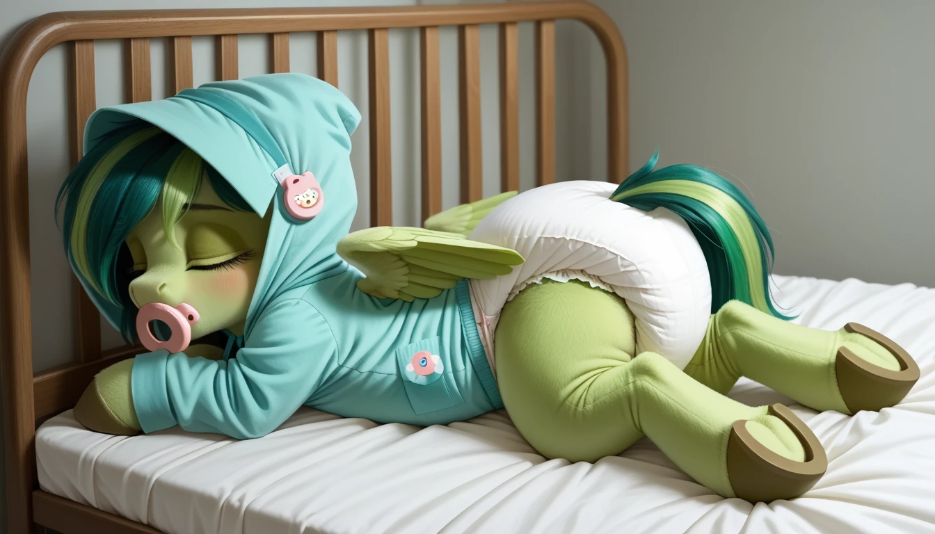 pony, Pegasus, adult filly, emerald green fur, a lush mane, gathered in a bonnet, bushy tail, closed eyes, sleeps in a crib, dressed in a onesie and booties, pacifier in mouth, solo, thick diaper under clothes, bulge on the back of the diaper, between the hind hooves and on the front of the diaper, saggy diaper.
