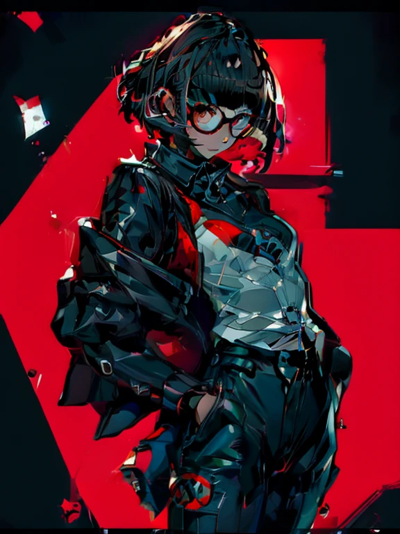 in the art style of persona5, (masterpiece:1.2, highest quality), (Realistic, photoRealistic:1.4), Beautiful illustrations, (Natural Side Lighting, Cinema Lighting), Written boundary depth, Beautiful thighs staring at the viewer, 1 female, 30-year-old, alone, thin, slender, (small breasts), short Hair, straight Hair, Forehead, Forehead, Forehead, Forehead, thin, slender, glasses, (Skinny black pants, collared white shirt), Are standing, (((glasses))), Red Akirabike