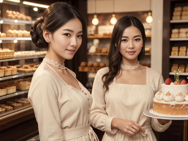 best quality, full body portrait, delicate face, pretty face,slim figure,OL, instagram photo, 40 year old, breathtakingly korean woman, eyes sparkling with joy, she stands at a vintage bakery shop, side dutch pose, ((turn towards right side)), (masterpiece), (1 woman), preppy model, feminine, (cute face), (incredibly beautiful body), top-quality, masterpiece, high resolution, Photorealistic, highly detailed, true to life, detailed eyes, detailed beautiful skin at ears, (no earrings), life-like detailed beautiful brown eyes, ((styled loose Updo hair, long black brown relaxed hair)), (((hair tucked behind ears))), extremely detailed skin, slight skin blemish, moist nude lips, (exceptional delicate perfect ears), hyper realistic, big dark brown eyes, sincere, confident, mesmerizing eyes,(double eyelid), (realistic face), ((fresh dewy healthy skin texture)),nice teeth, (moist lips)), light natural makeup, translucent white skin, realistic eyes, round iris black pupils, sparkly eyes, beautiful ear skin texture, (realistic skin), attractive, ultra high resolution, extremely realistic, wearing a feminine romantic cottage apron white dress long sleeves, intricate detailed blend of linen cotton fabric and lace detailed stitching delicate frill dress embroidered on the chest, a thin velvet ribbon neck princess bow, pleated at waist mid-length a-line skirt, beige brown colors fashionable feminine waitress by Max Mara Ready-to-Wear dress, very detailed, golden ratio, graceful, (no jewelry), bare nude skin at neck, (nude ears), sharp focus face side body,effortlessly,serene eyes, natural morning daylight, Realistic,sharp focus,(intricate:1.03), Hyper Real, a wider interior, background: a french cake shop, detailed french fruit pastries, sweet strawberry raspberry cakes,display rack bread, extremely delicate cakes,aesthetic interior, Raw photography, mood is a crisp morning, serene nostalgic bakery interior design, depth of field, ((((8k wallpaper))),16k,