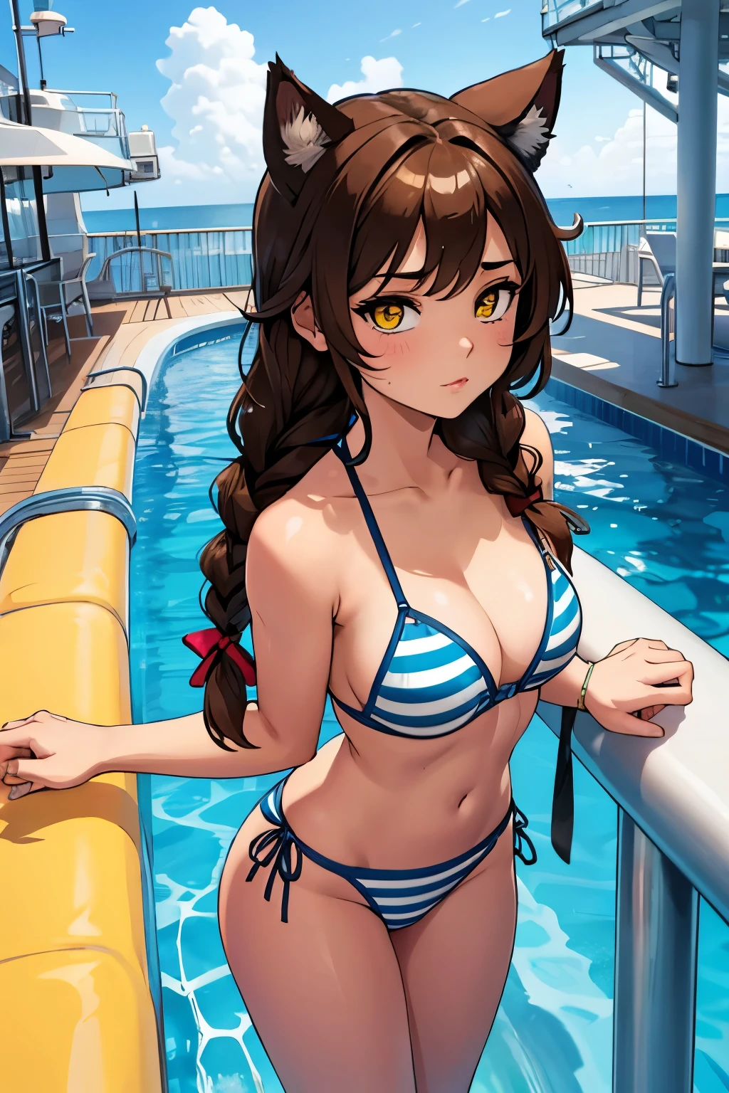  ..... soft, cute adult neko with cat ears, medium length luscious brown hair with 1 short braid near the face, yellow eyes,..... In a striped blue and white bikini by the pool on the ship on the ship's deck... Ship yacht 