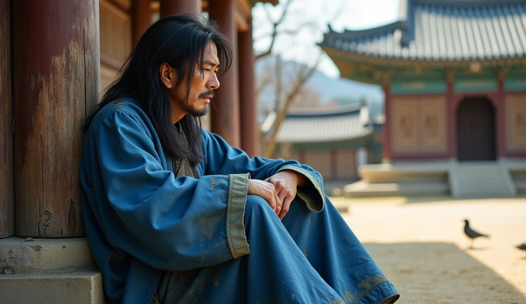 A homeless man, long black hair, 25 years old, wearing a blue traditional Korean clothing, kumel, dirty, dekil, butek, dusty, sitting leaning against a temple pillar