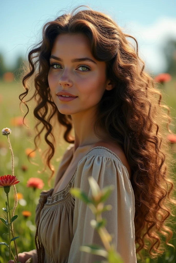 create a photorealistic pic of a beautiful peasant young woman with long, curly brown hair that cascades down her back. Her eyes are a deep shade of green, framed by thick lashes. She wears a simple dress.
