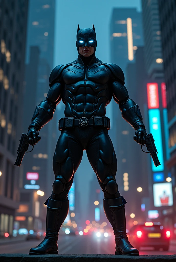 Create a superhero character with black and blue suit with face covered and has guns