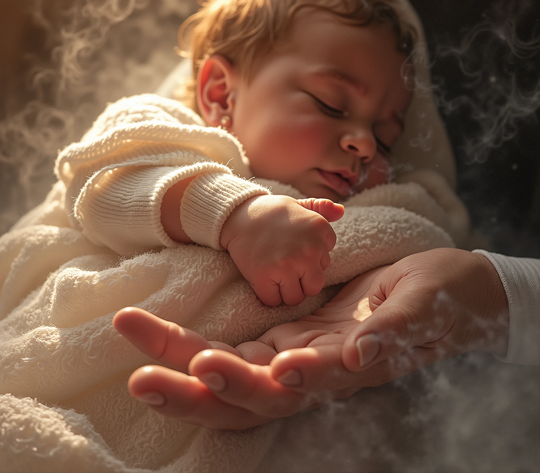(((masterpiece))), (((Highest quality))), ((Very detailed)), (photograph), emotive (photo:1.2) of a hand of a father holding his newborn baby's hand. [Entire scene is surrounded by mist, evoking a mysterious and eerie atmosphere. The lighting is dark and atmospheric, with smoke and fog adding a touch of sinister ambiance. Best quality image, HDR enhancement, showcasing the utmost level of detail and realism]. [8K, Best Quality, Ultra High Resolution, (highly detailed CG unity 8k wallpaper), (best photo), (best shadows), isometric 3D, octane rendering, ray tracing, highly detailed, (Best quality, 4K, 8k:1.2), absurdity, ultra detailed, (realistic, photorealistic, photorealistic:1.37), complex parts, HDR, (complex parts:1.12), (hyper detailed, hyper realistic, Soft lighting, spicy:1.2), (complex parts, Hyper detailed:1.15). Blurred foreground. (backlit), masterpiece, high quality, brightness, chromatic aberration, foggy smoke, shadows, contrast, (warm hue, warm tone), high details, natural reflections].