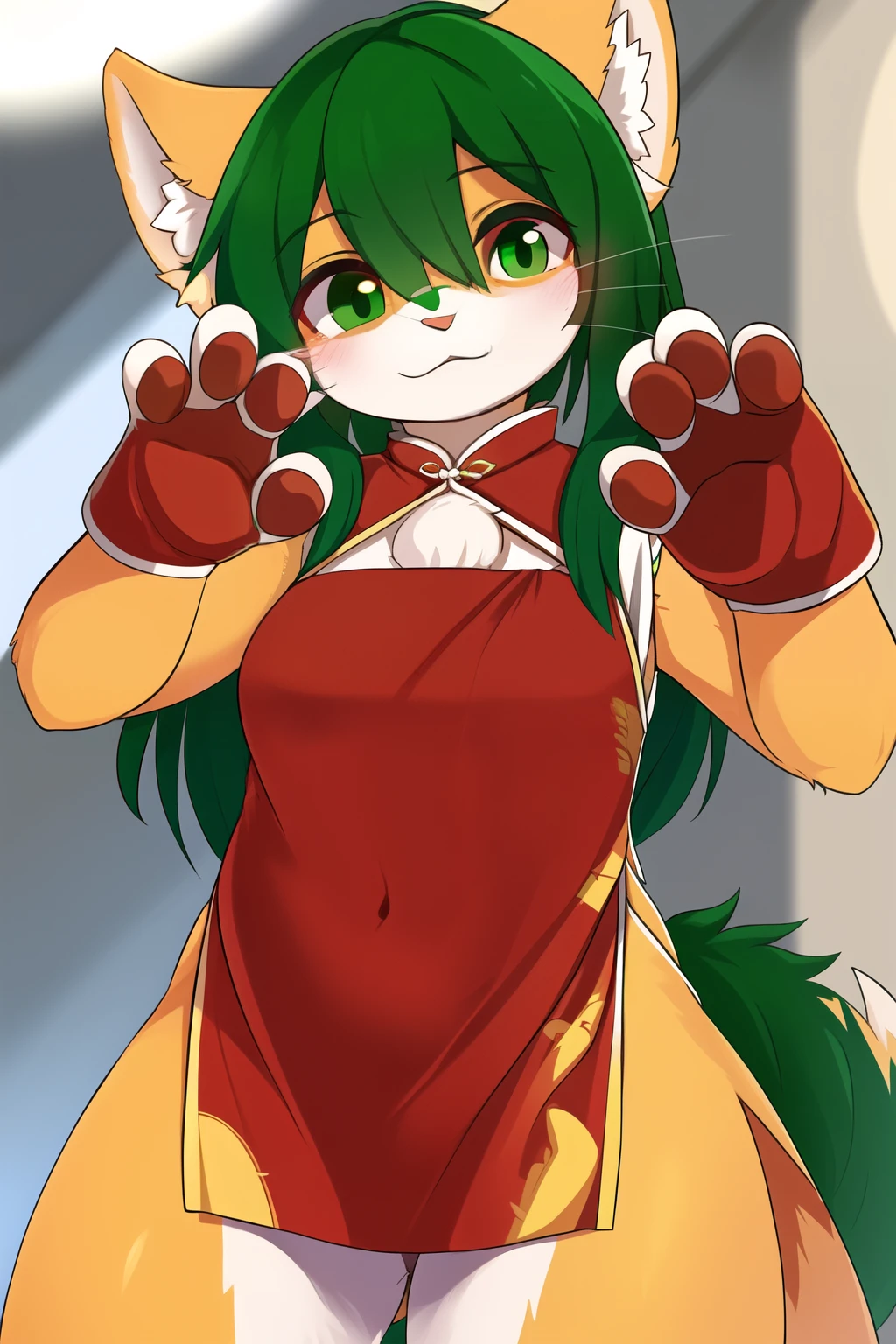 masterpiece, best quality, Sundiz, HD, High Detail, Green Eyes, Green Hair, Orange fur, White fur, [[anthropology]], ((Beast field)), [[hairy]], Chinese dress, Sexy pose, 