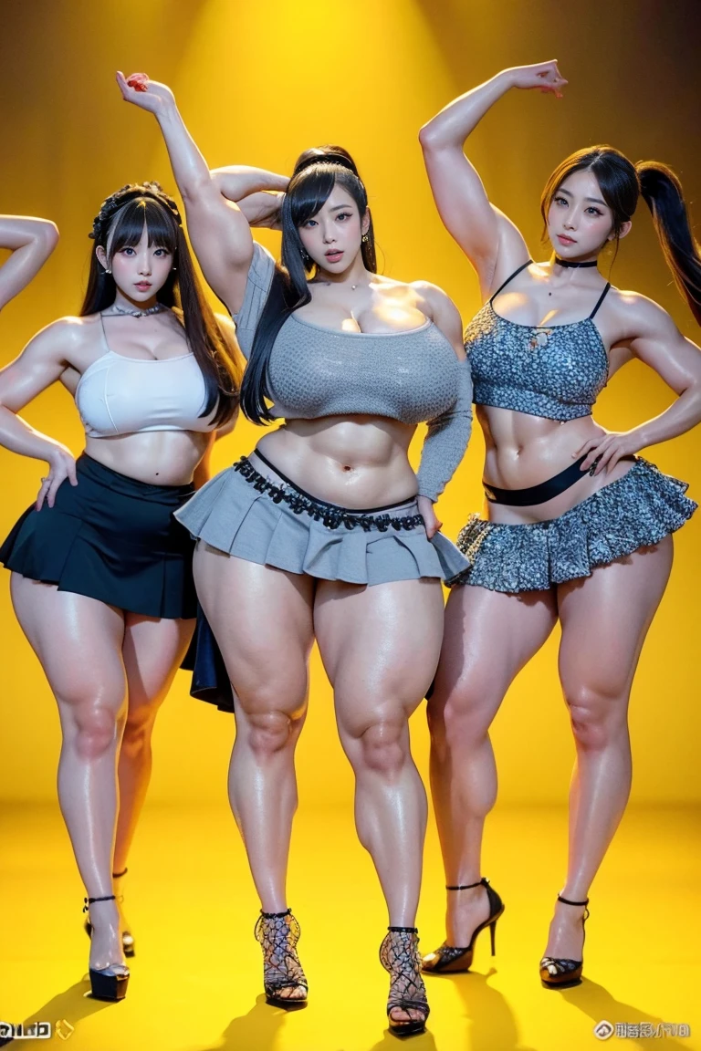 Ultra-high resolution, Realistic, Very detailed, Golden Ratio, Highest quality, Four people are standing full-body shot, (promotional photoshoot), (Are standing), Four people stand on the stage in high heels, (Four Beautiful female with same Exemplary Figures), Beautiful Face, (Realisticな face), (biondeのショートカット:1.3), Korean bionde, bionde, long straight ponytail brown hair, hair band, Glare, Frowning, Drooling, Long Tongue, Verbal invitation, compensate, Frowning, Frowning, Surrealism, First Person View, First Person View, Wide-angle, Ultra-high resolution, Anatomically correct, Super detailed, 16K, (Four beautiful female standing side by side) (wide thighs), (Very sexy long legs),(body builder girl), (wide muscles), ((sexy abdominal muscles)), (huge breasts),(very voluptuous body),(short grey skirt),(strapless dress),(sexy dancing poses)