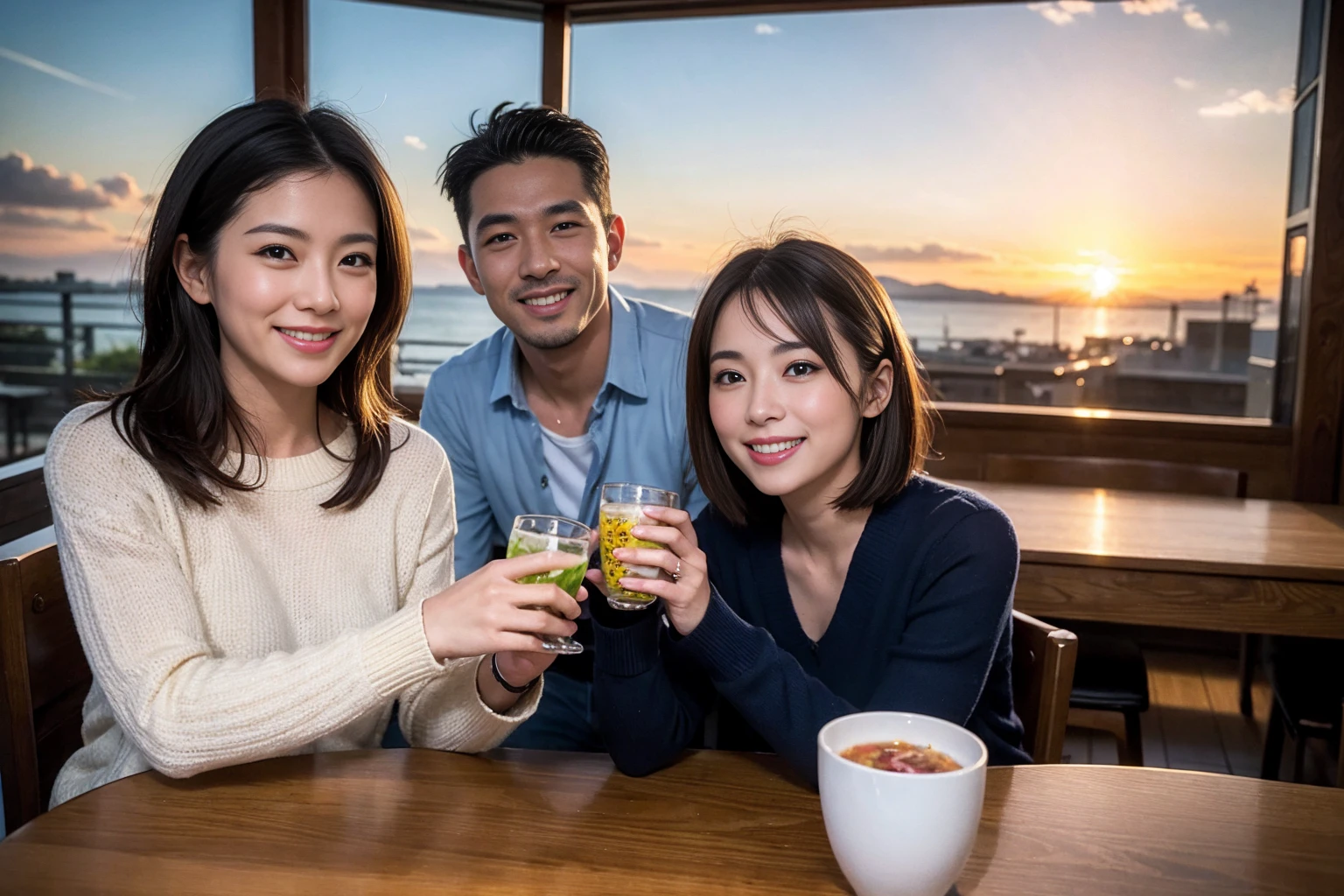 ((Highest quality、8k、masterpiece:1.3))、Izakaya、Japanese sake、Slim couple、Model Couple、(Realistic, Intricate details:1.2), Japanese sake、1 liter bottle、Japanese food、Soba、Japanese sake、Shochu 、Amazing view of the sunset sky and clouds、Bright smile、The beauty of a smile、Bright image、Beautiful Face, blue eyes, The light shines on your face, blush, short hair,Bright Face、 (Age 37), 39 years old, Brown Hair、Shortcuts、Long sleeve shirt、dress、Beautiful woman