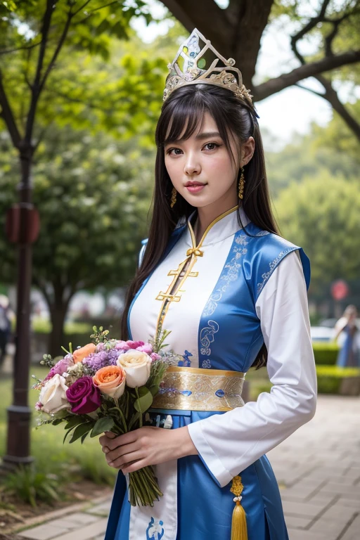 Woman in blue and white dress with flowers in her hair., Hanfu, palace, girl in Hanfu, blue Hanfu, white Hanfu, wear ancient chinese costume, ((Beautiful Fantasy Queen)), ancient Chinese princess, Chinese style, Traditional Chinese clothing, Ancient Chinese clothes, Beautiful Fantasy Queen, Chinese princess, traditional beauty,