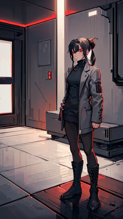 (detailed), (((normal guy))), (Arabic characteristics), ((gray wool jacket)), ((pelo negro rizado Ponytail hairstyle)), ((Ponytail hairstyle)), (calm face), ((by the width)), ((coffee boots)), (((whole body))), ((in a cyberpunk room)), ((male)), (gray turtleneck sweater), ((only one person)), (at night), terror, ((eyes glowing red)), In the dark