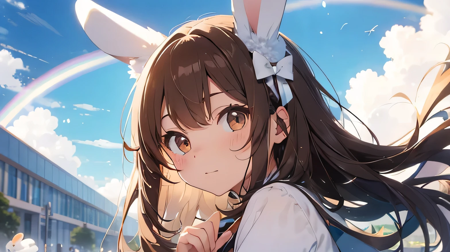 Highest quality, cute, pastel colour, Fluffy white bunny ears,Brown Hair,Brown eyes,A rainbow arches at the edge.