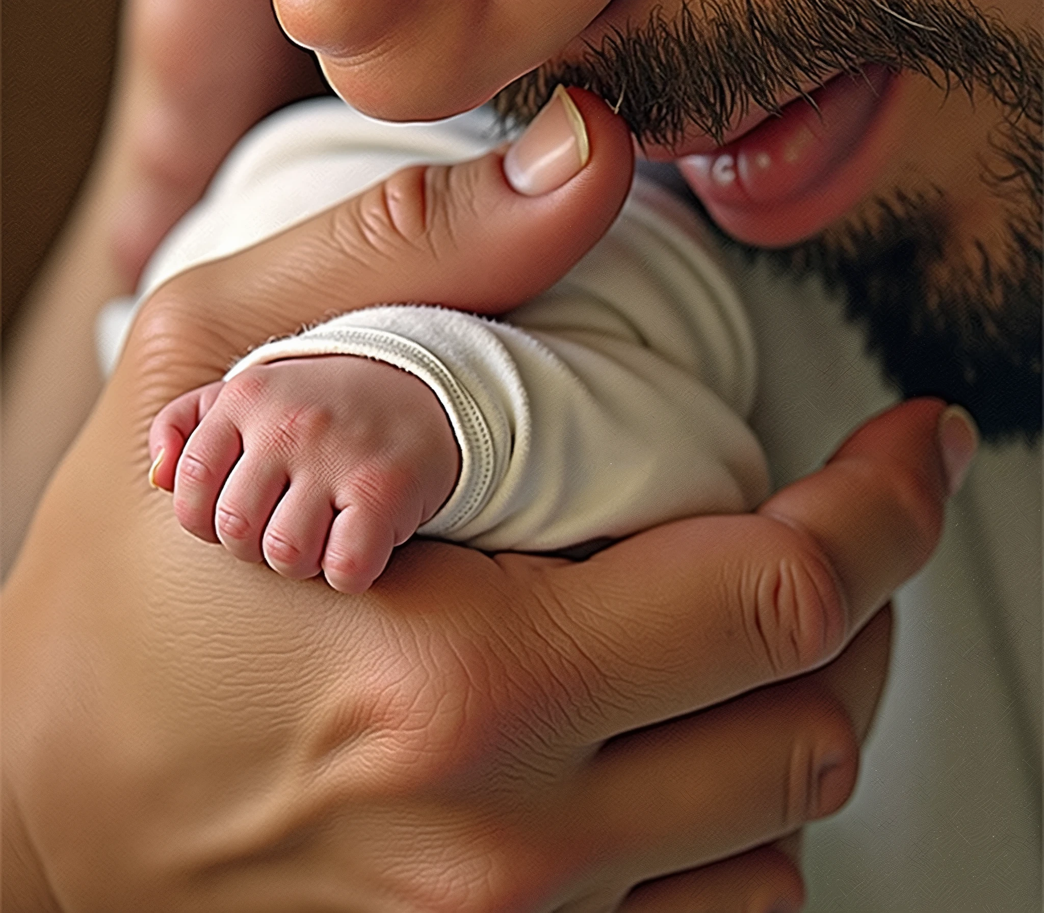 (((masterpiece))), (((Highest quality))), ((Very detailed)), (photograph), emotive (photo:1.2) of a hand of a father holding his newborn baby's hand. [Entire scene is surrounded by mist, evoking a mysterious and eerie atmosphere. The lighting is dark and atmospheric, with smoke and fog adding a touch of sinister ambiance. Best quality image, HDR enhancement, showcasing the utmost level of detail and realism]. [8K, Best Quality, Ultra High Resolution, (highly detailed CG unity 8k wallpaper), (best photo), (best shadows), isometric 3D, octane rendering, ray tracing, highly detailed, (Best quality, 4K, 8k:1.2), absurdity, ultra detailed, (realistic, photorealistic, photorealistic:1.37), complex parts, HDR, (complex parts:1.12), (hyper detailed, hyper realistic, Soft lighting, spicy:1.2), (complex parts, Hyper detailed:1.15). Blurred foreground. (backlit), masterpiece, high quality, brightness, chromatic aberration, foggy smoke, shadows, contrast, (warm hue, warm tone), high details, natural reflections].