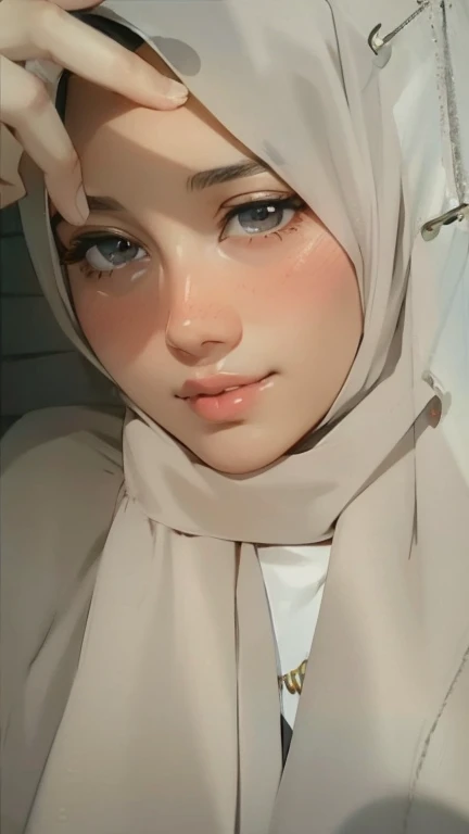 A beautiful young blushing hijabi woman, wearing a black hijab.