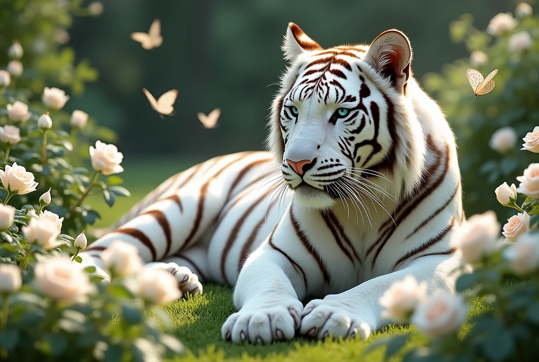 realistic White Tiger with white roses