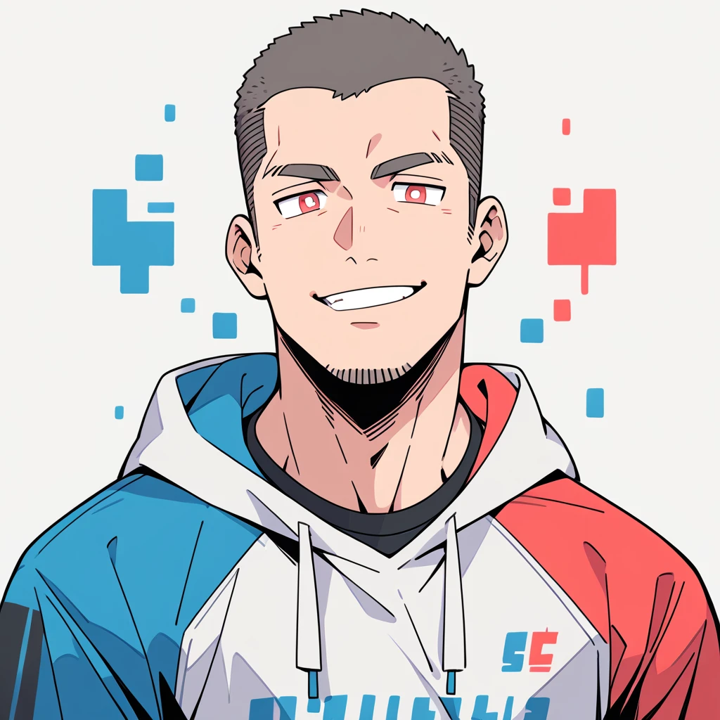 anime characters:Priapus, Muscle Sports Student, Buzz Cut, Manliness, male focus, Sports tight hooded sweatshirt, Wear a high-necked tights underneath, Very tight, full and perky chest muscles, muscular male, muscular, only, Upper body, alone, Red short hair, Thick eyebrows, stubble, Brown-red pupils, White background, simple background, amazing quality, best aesthetics, Ridiculous, crew cut, smirk, bright pupils, grin, negative space, negative space, best quality