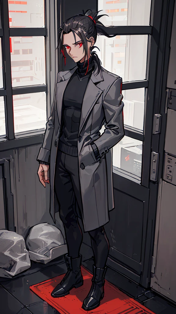 (detailed), (((normal guy))), (Arabic characteristics), ((gray wool jacket)), ((pelo negro rizado Ponytail hairstyle)), ((Ponytail hairstyle)), (calm face), ((by the width)), ((coffee boots)), (((whole body))), ((in a cyberpunk room)), ((male)), (gray turtleneck sweater), ((only one person)), (at night), terror, ((eyes glowing red)), In the dark