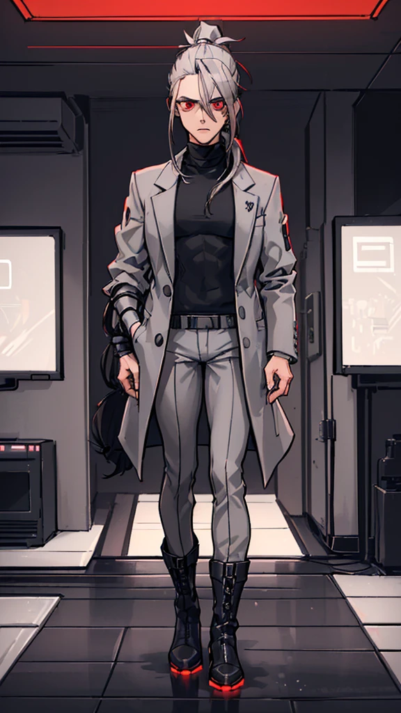 (detailed), (((normal guy))), (Arabic characteristics), ((gray wool jacket)), ((pelo negro rizado Ponytail hairstyle)), ((Ponytail hairstyle)), (calm face), ((by the width)), ((coffee boots)), (((whole body))), ((in a cyberpunk room)), ((male)), (gray turtleneck sweater), ((only one person)), (at night), terror, ((eyes glowing red)), In the dark