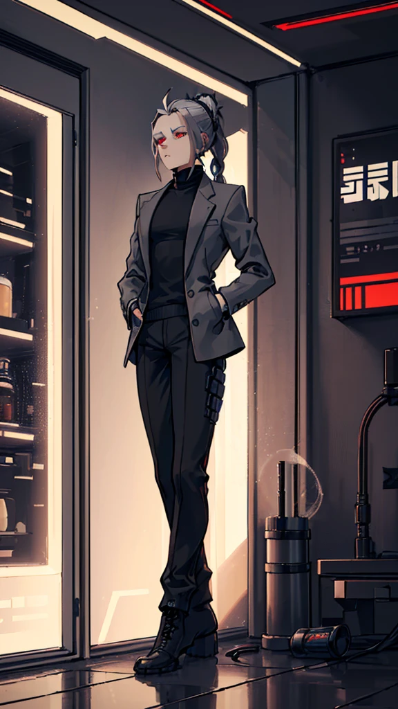 (detailed), (((normal guy))), (Arabic characteristics), ((gray wool jacket)), ((pelo negro rizado Ponytail hairstyle)), ((Ponytail hairstyle)), (calm face), ((by the width)), ((coffee boots)), (((whole body))), ((in a cyberpunk room)), ((male)), (gray turtleneck sweater), ((only one person)), (at night), terror, ((eyes glowing red)), In the dark