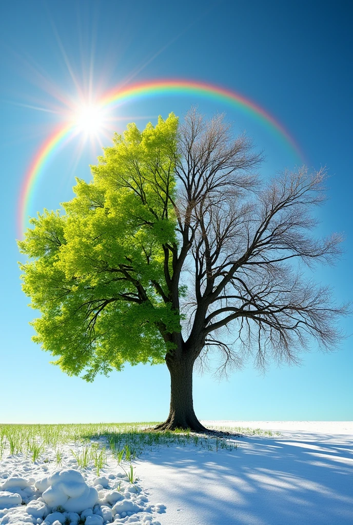 full tree in spring, rainbow, and dry tree in winter