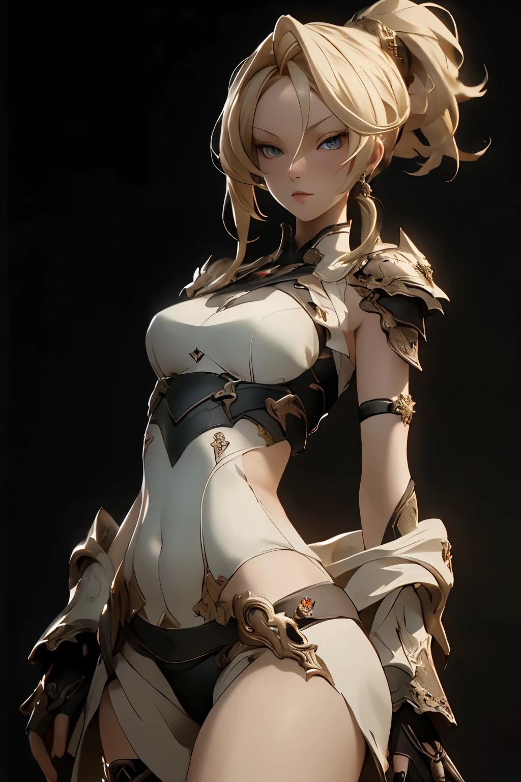 ((best quality)), ((Masterpiece)), (details:1.4), 3d, HDR (high dynamic range), amature woman, Blonde hair, SLEEK Style, High Ponytail, ดวงตาสีทอง, hips up จมูกโด่ง, ปากแดง, หน้าอกใหญ่, nvidia RTX, PBR surface, After processing, Anisotropic filtration,depth of field, Maximum clarity and clarity, multi-layered surface, Subsurface scattering, perfect proportions, 8K raw files, ความละเอียดสุดยอด, Unreal 5, Perfect proportions, Octane Render, Wide aperture, Low ISO, Holy Warrior, Heavy Black armor, jewely, ต่างหู